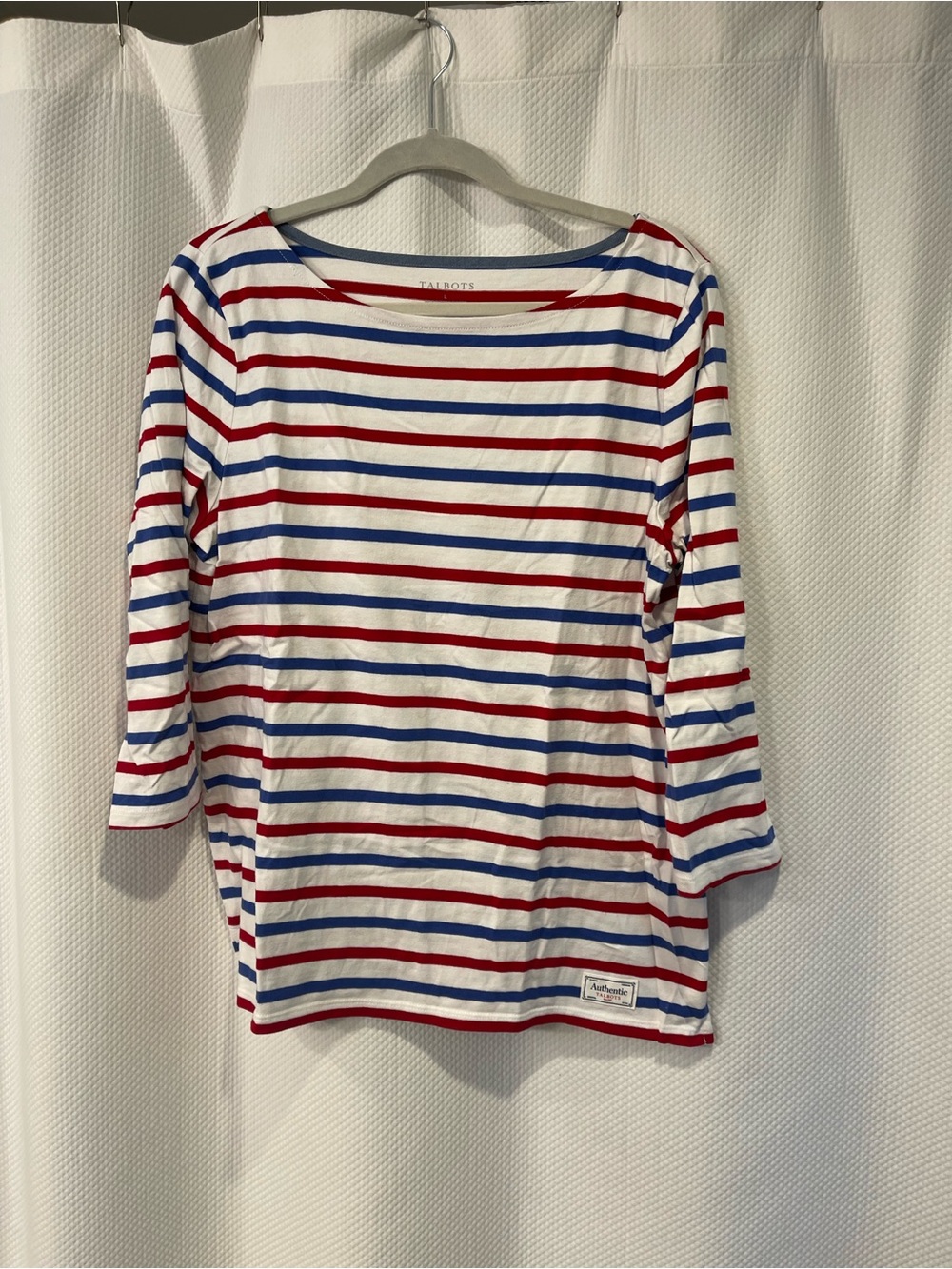 Talbots Red & Blue Striped Boatneck Top, size lg, 3/4 sleeve